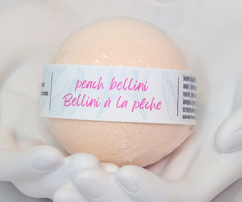 Peach Bellini Coconut Milk Bath Bomb. Treat yourself or someone special, to a relaxing, luxurious retreat with this set of four Ladies' Night Cocktail inspired Coconut Milk Bath Bombs. Each one is handcrafted with a fun and refreshing cocktail scent and nourishing coconut milk to help soothe and moisturize your skin. Enjoy the ultimate bubbly pampering experience!