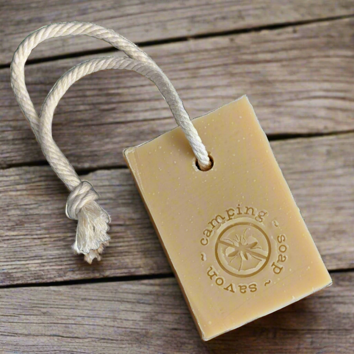 This natural soap bar, made with citronella, lemongrass, and eucalyptus essential oils, helps keep the bugs away. Its "soap on a rope" design is perfect for campers!